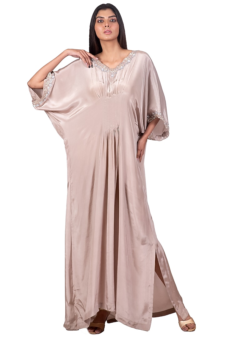 Nude Embroidered Pleated Kaftan With Belt by Dev R Nil at Pernia's Pop Up Shop