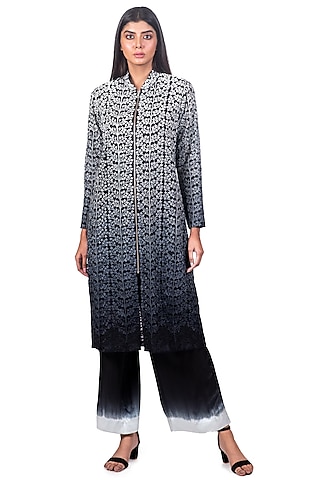 Black & White Ombre Embroidered Jacket Set by Dev R Nil