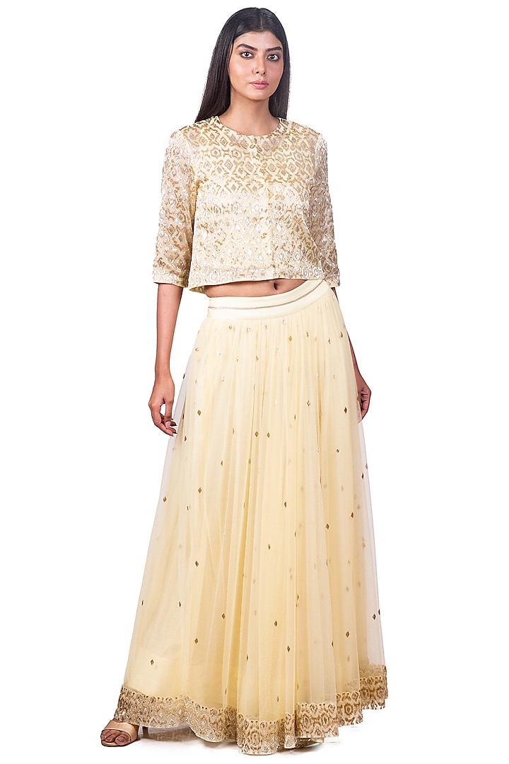 Cream-Yellow Embroidered Cropped Jacket Set by Dev R Nil