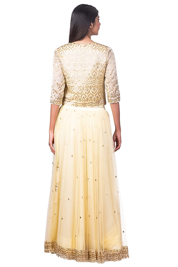 Cream-Yellow Embroidered Cropped Jacket Set by Dev R Nil at Pernia's Pop Up Shop