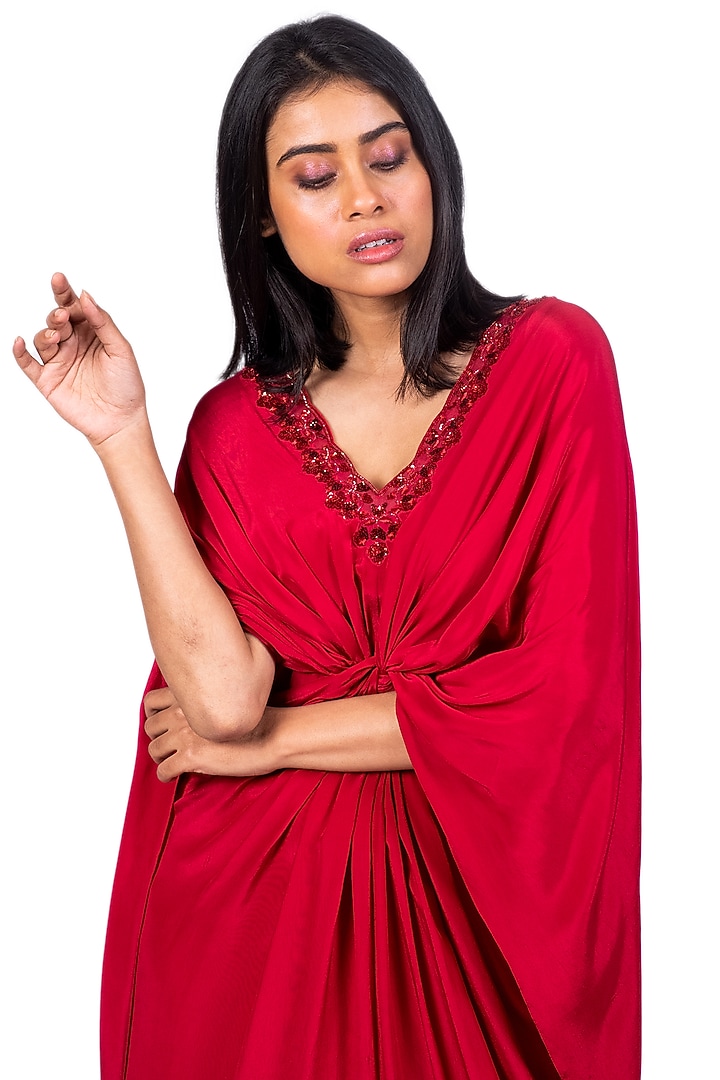Fiery Red Embroidered Knotted Vacation Dress by Dev R Nil at Pernia's Pop Up Shop