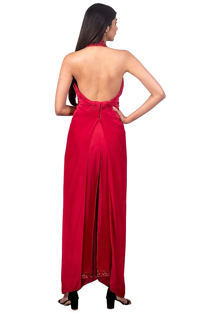Deep Red Embroidered Knotted Tunic Set by Dev R Nil at Pernia's Pop Up Shop