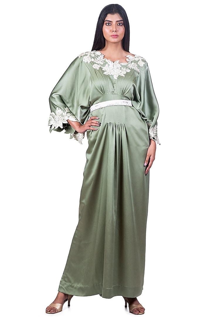 Pista Green Embroidered Pleated Kaftan With Belt by Dev R Nil at Pernia's Pop Up Shop