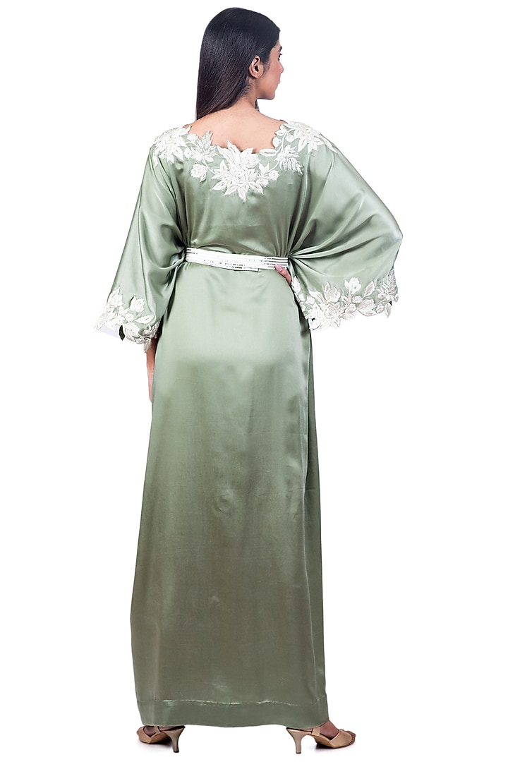 Pista Green Embroidered Pleated Kaftan With Belt by Dev R Nil at Pernia's Pop Up Shop