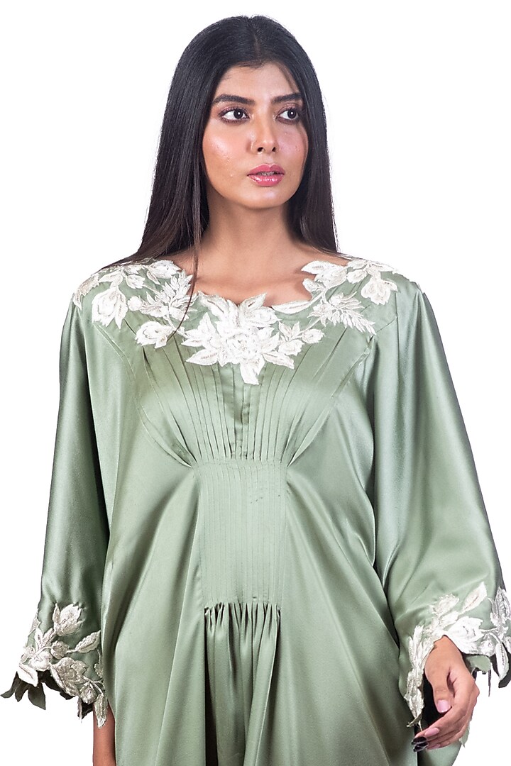 Pista Green Embroidered Pleated Kaftan With Belt by Dev R Nil at Pernia's Pop Up Shop