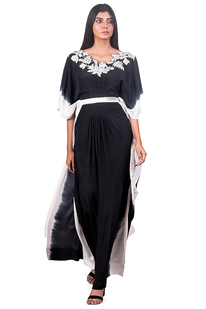 Black & White Tie-Dyed Kaftan With Belt by Dev R Nil