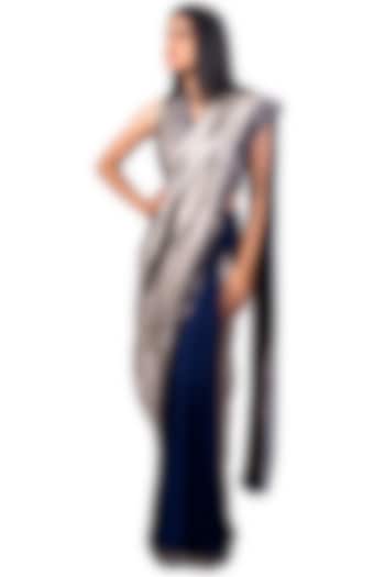 Navy Blue & Silver Embroidered Draped Saree Set by Dev R Nil