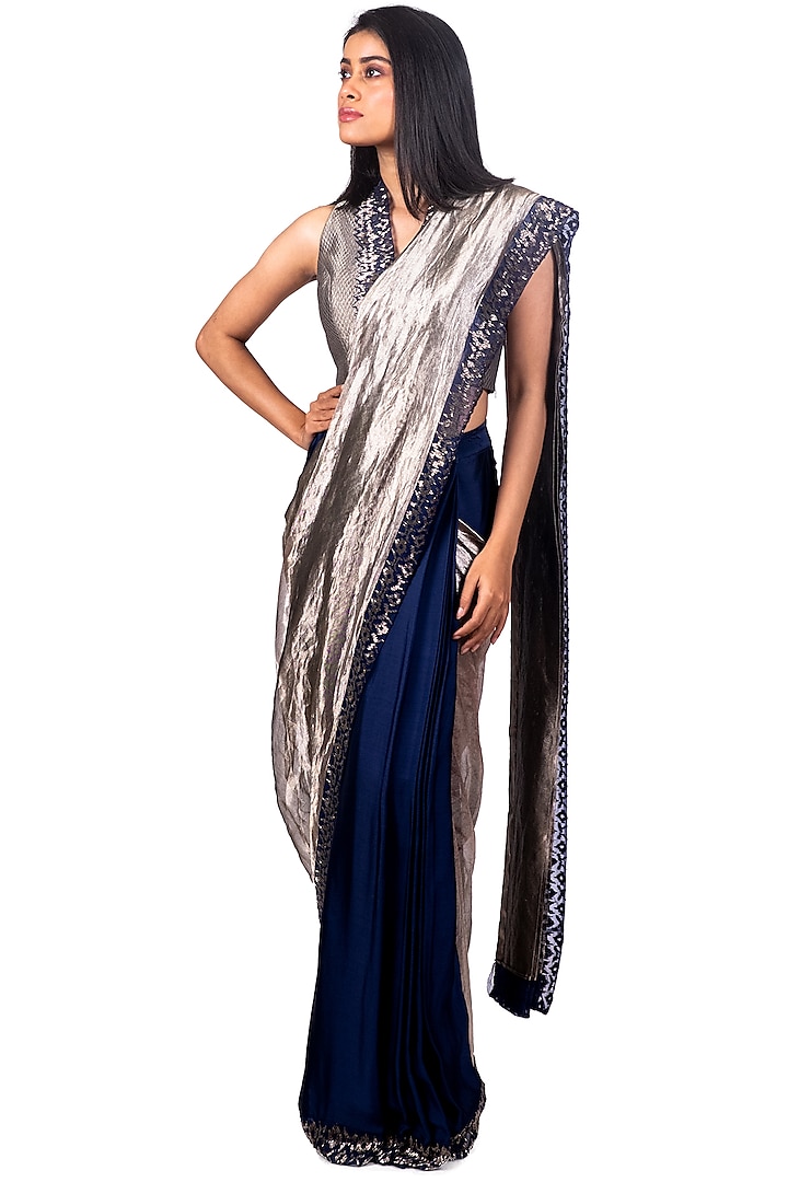 Navy Blue & Silver Embroidered Draped Saree Set by Dev R Nil