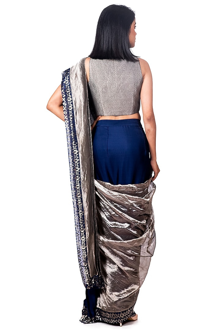 Navy Blue & Silver Embroidered Draped Reception Saree Set by Dev R Nil at Pernia's Pop Up Shop