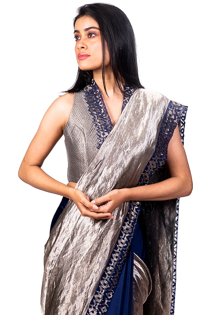 Navy Blue & Silver Embroidered Draped Reception Saree Set by Dev R Nil at Pernia's Pop Up Shop