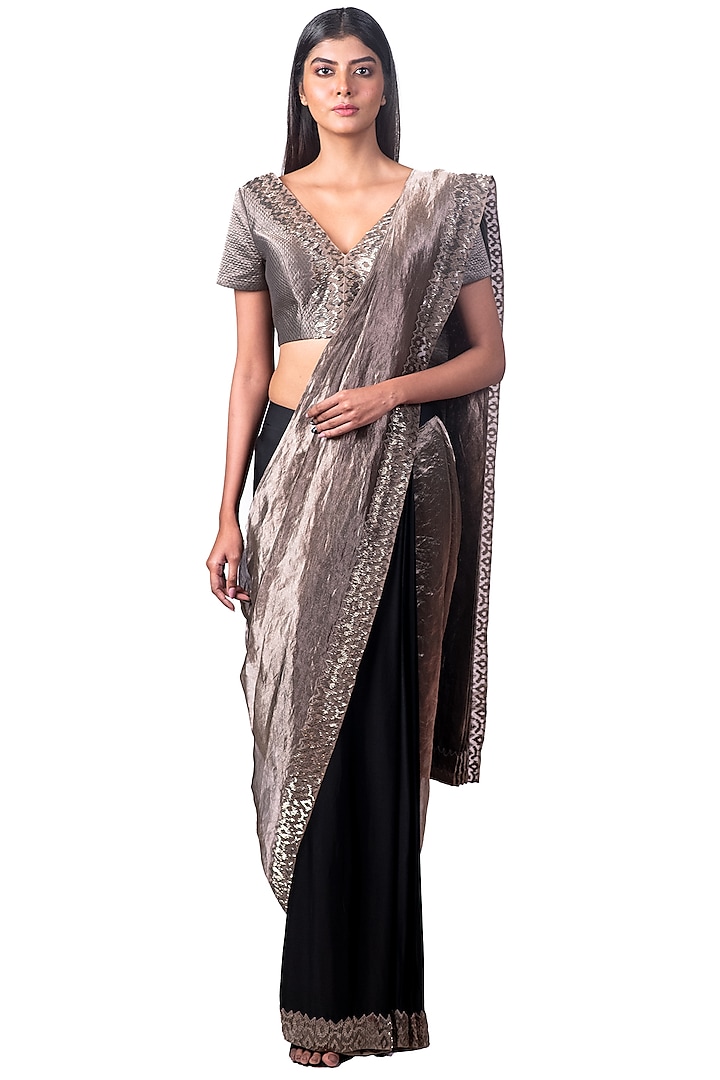 Black & Silver Embroidered Draped Saree Set by Dev R Nil
