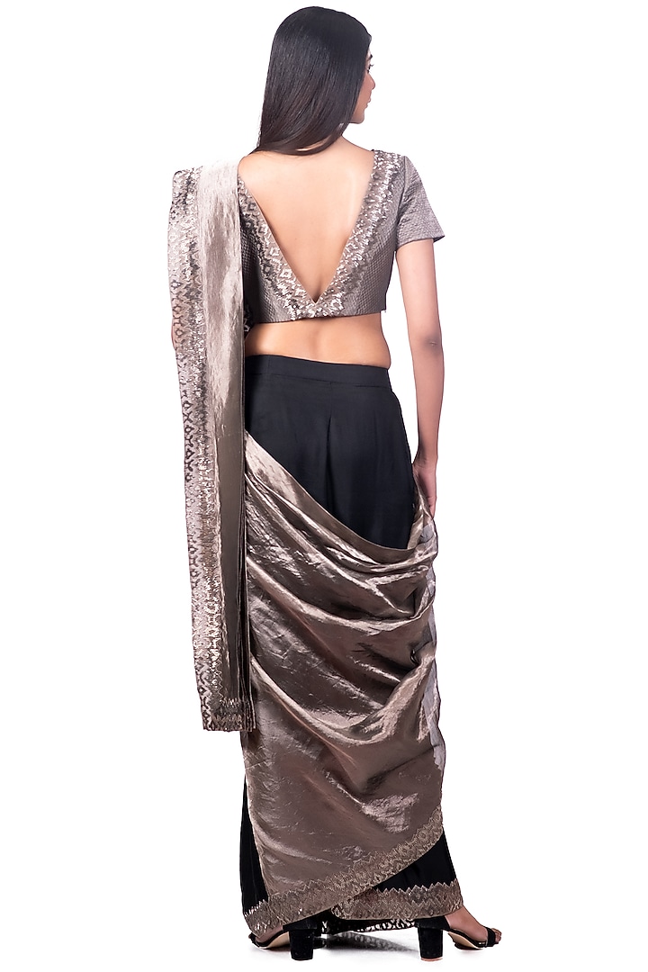 Black & Silver Embroidered Draped Reception Saree Set by Dev R Nil at Pernia's Pop Up Shop