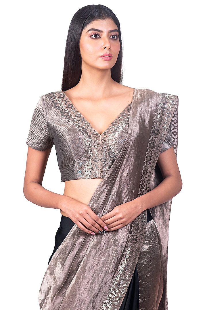 Black & Silver Embroidered Draped Reception Saree Set by Dev R Nil at Pernia's Pop Up Shop