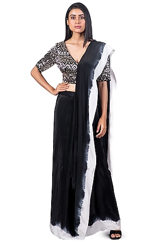 Black & White Crepe Embroidered & Tie-Dye Printed Draped Saree Set by Dev R Nil