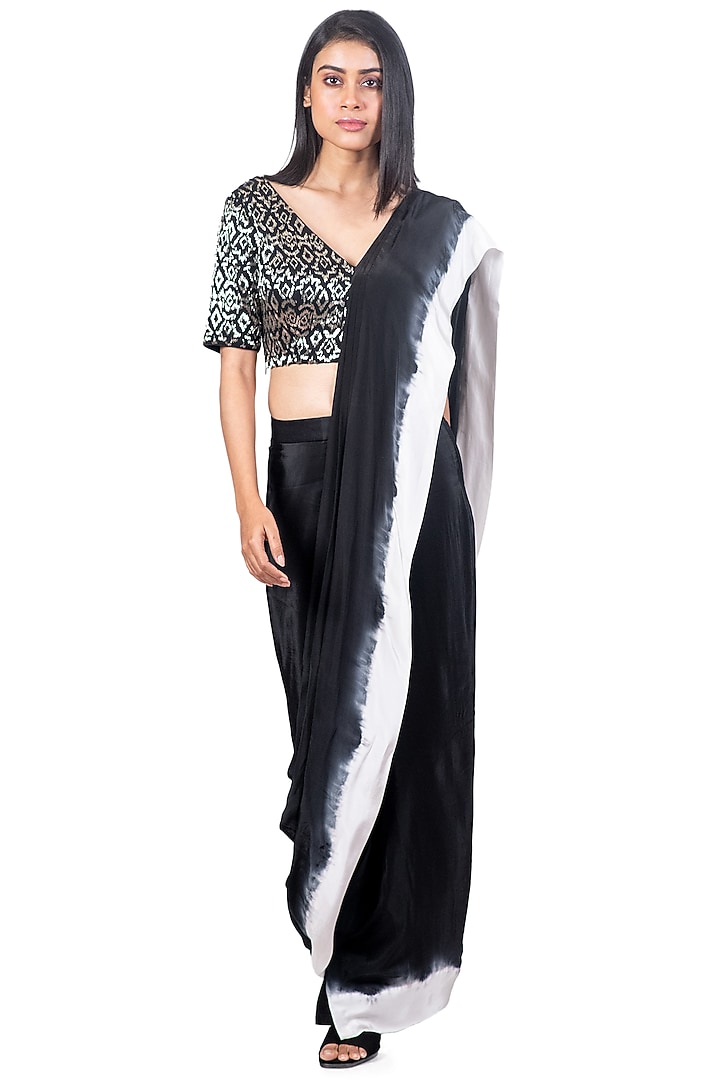 Black & White Crepe Embroidered & Tie-Dye Printed Draped Wedding Saree Set by Dev R Nil at Pernia's Pop Up Shop