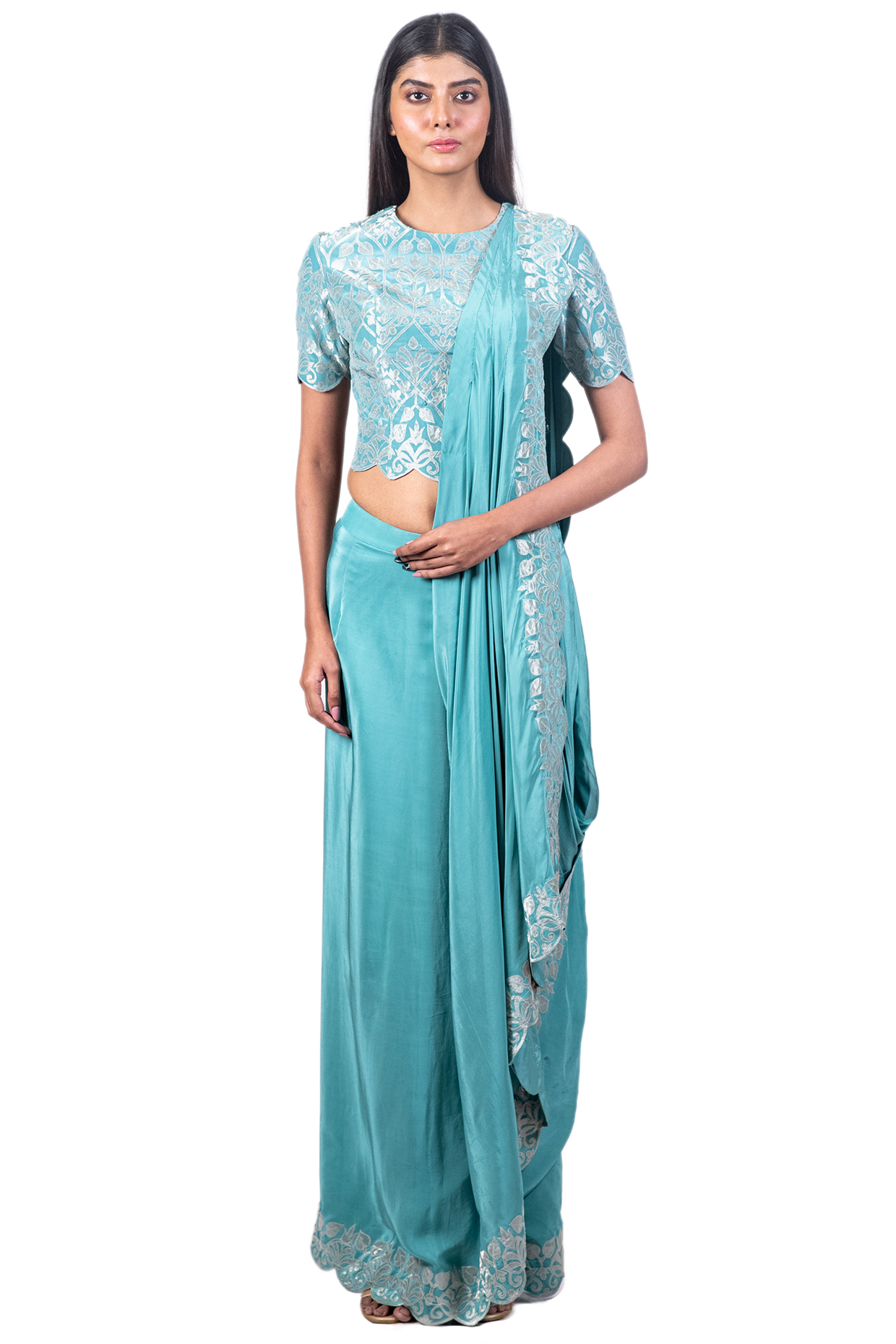 Jade Crepe Applique Embroidered Draped Wedding Saree Set by Dev R Nil at Pernia's Pop Up Shop