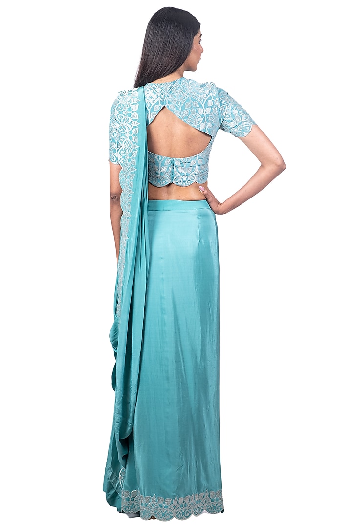 Jade Crepe Applique Embroidered Draped Reception Saree Set by Dev R Nil at Pernia's Pop Up Shop