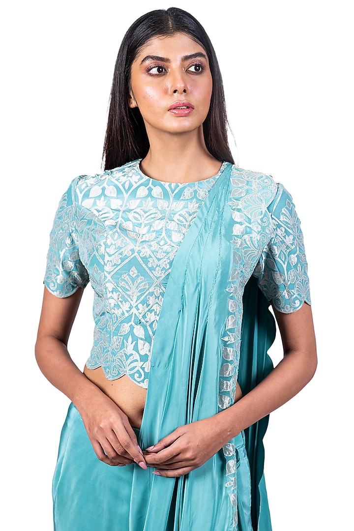 Jade Crepe Applique Embroidered Draped Reception Saree Set by Dev R Nil at Pernia's Pop Up Shop