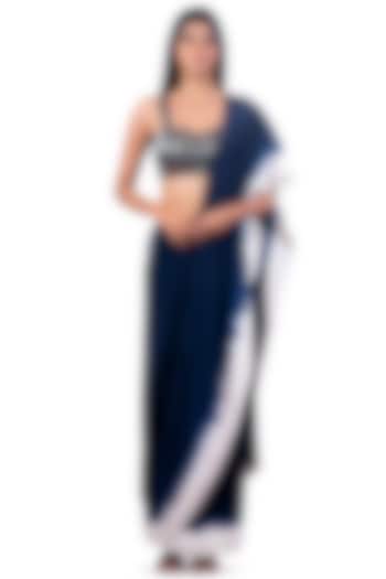 Navy Blue & White Embroidered & Tie-Dyed Draped Saree Set by Dev R Nil