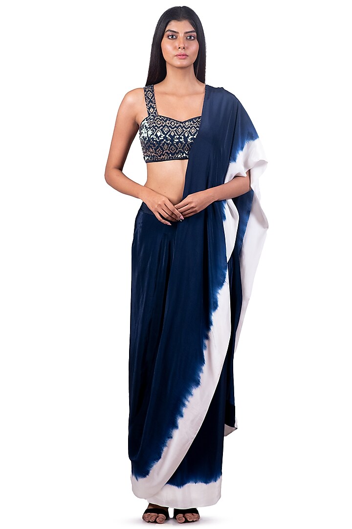 Navy Blue & White Embroidered & Tie-Dyed Draped Saree Set by Dev R Nil