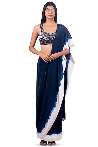 Navy Blue & White Embroidered & Tie-Dyed Draped Saree Set by Dev R Nil