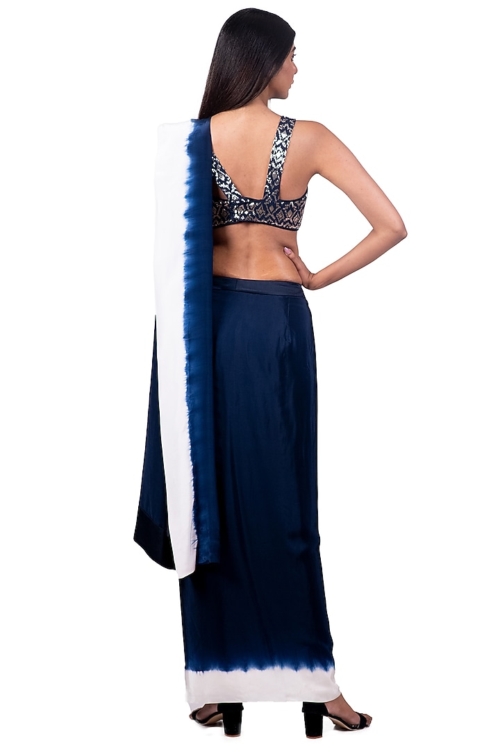 Navy Blue & White Embroidered & Tie-Dyed Draped Wedding Saree Set by Dev R Nil at Pernia's Pop Up Shop