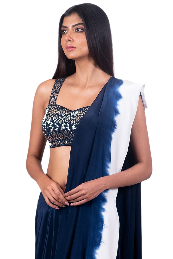 Navy Blue & White Embroidered & Tie-Dyed Draped Wedding Saree Set by Dev R Nil at Pernia's Pop Up Shop