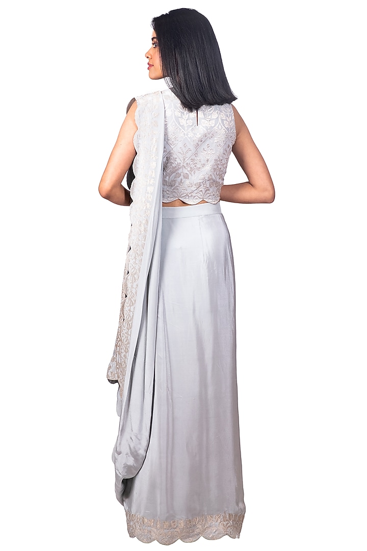 Grey Crepe Applique Embroidered Draped Wedding Saree Set by Dev R Nil at Pernia's Pop Up Shop