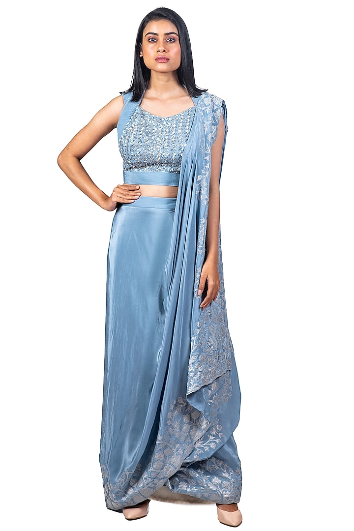 Steel Blue Embroidered Draped Saree Set by Dev R Nil