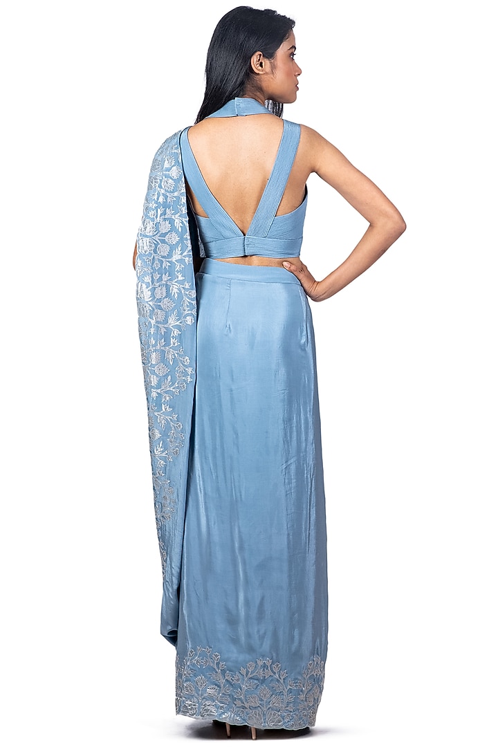 Steel Blue Embroidered Draped Reception Saree Set by Dev R Nil at Pernia's Pop Up Shop