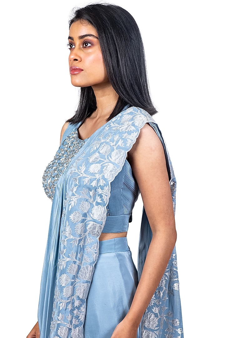 Steel Blue Embroidered Draped Reception Saree Set by Dev R Nil at Pernia's Pop Up Shop