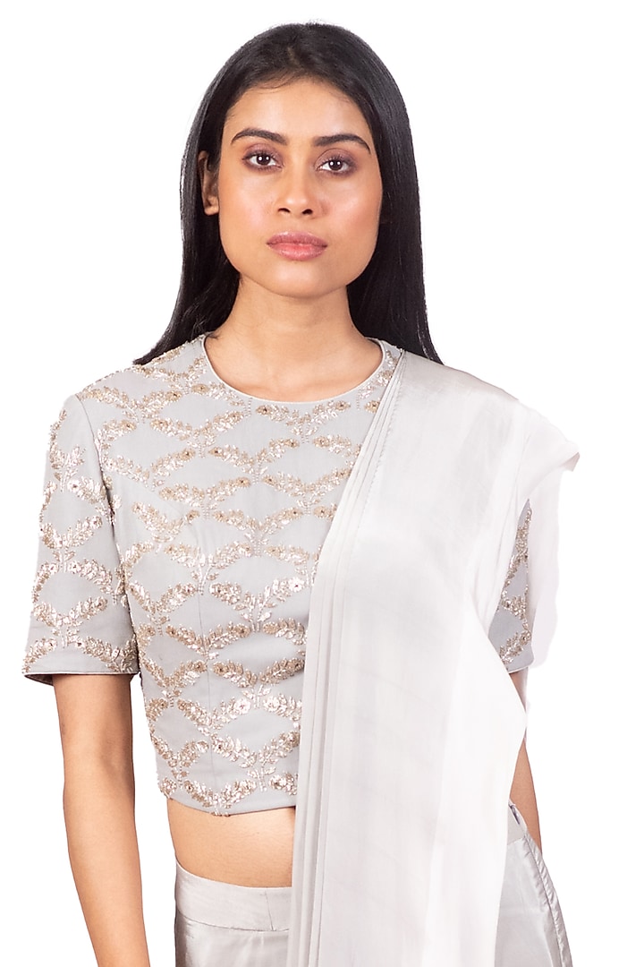 Grey Crepe & Georgette Tie-Dye Draped Wedding Saree Set by Dev R Nil at Pernia's Pop Up Shop
