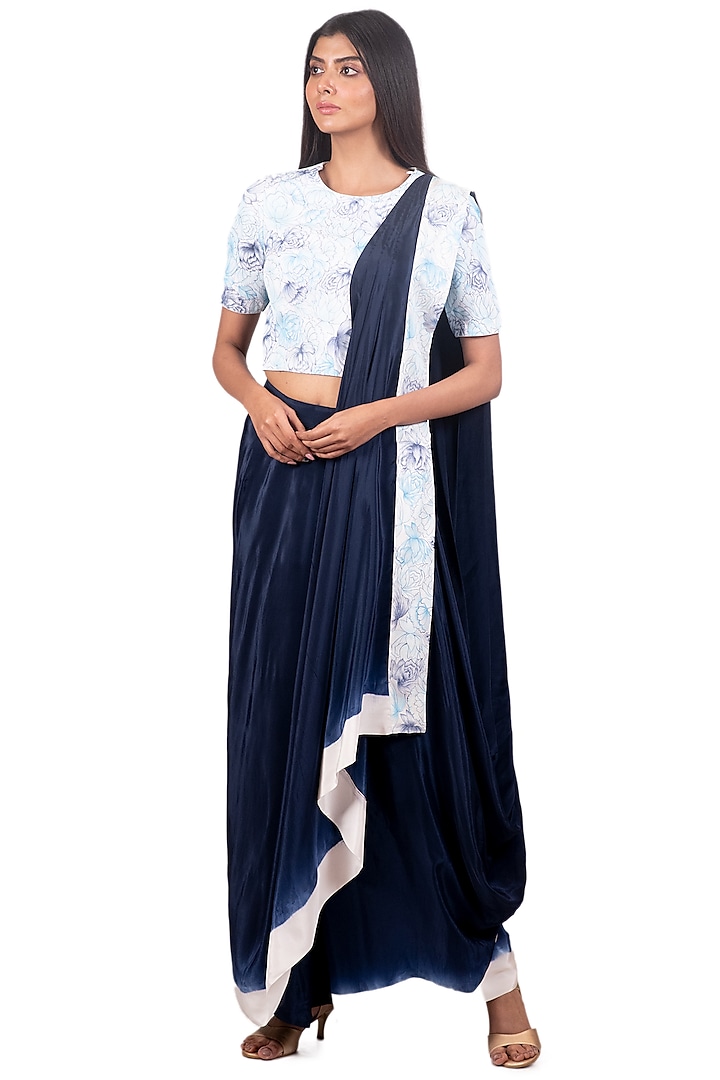 Navy Blue & Light Blue Hand Painted Draped Saree Set by Dev R Nil