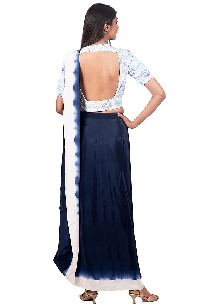 Navy Blue & Light Blue Hand Painted Draped Wedding Saree Set by Dev R Nil at Pernia's Pop Up Shop