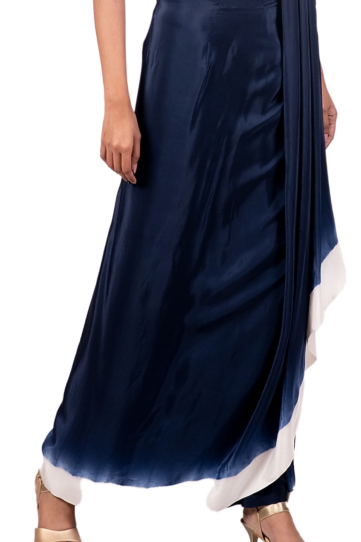 Navy Blue & Light Blue Hand Painted Draped Wedding Saree Set by Dev R Nil at Pernia's Pop Up Shop