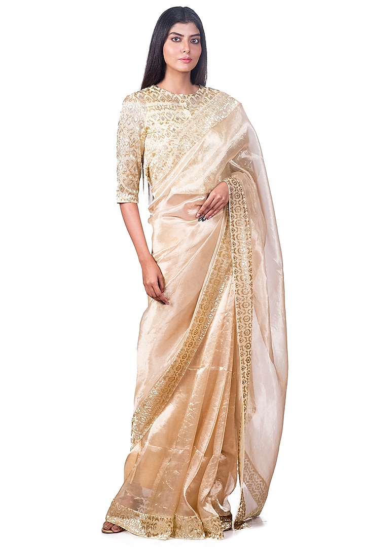 Gold Embroidered Saree Set by Dev R Nil