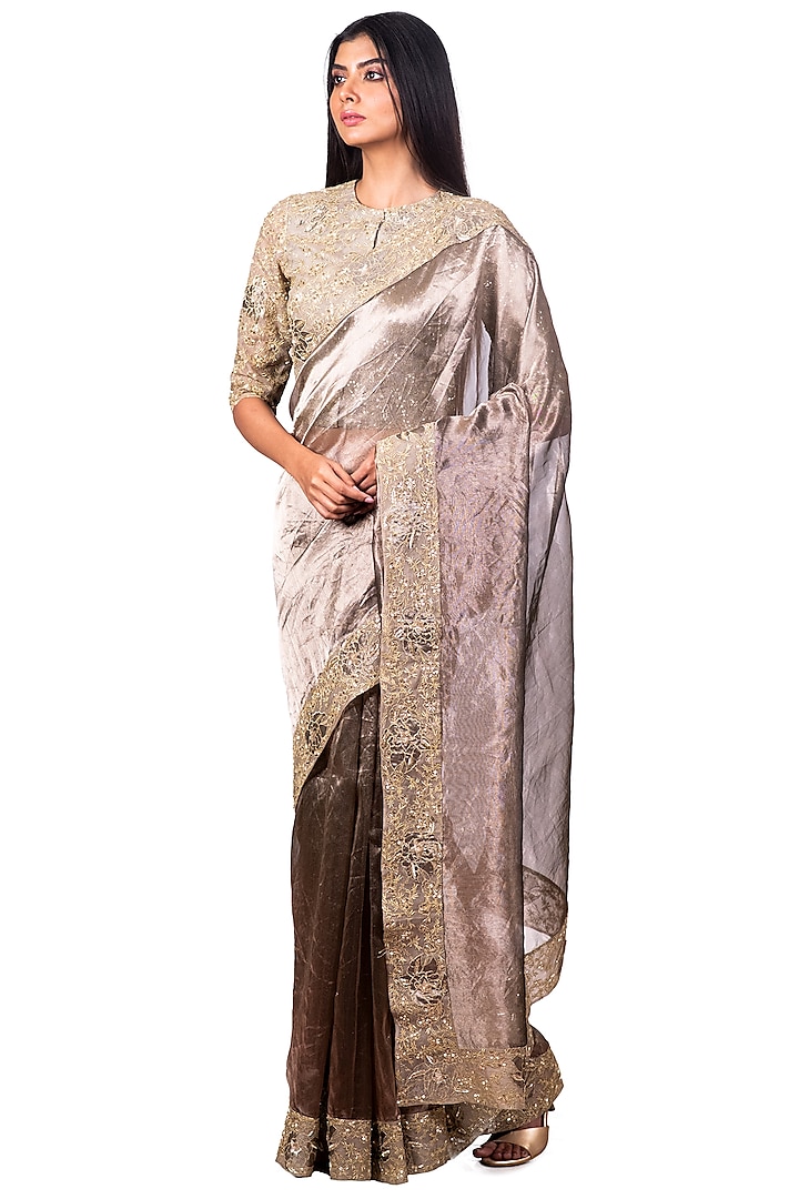 Antique Gold Embroidered Saree Set by Dev R Nil