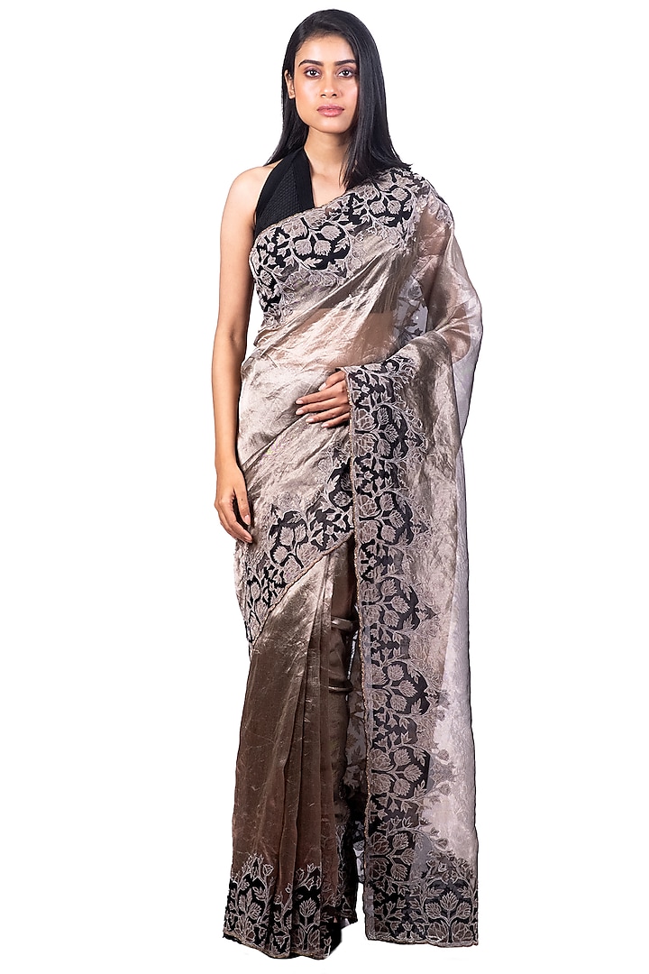 Antique Grey Embroidered Saree Set by Dev R Nil