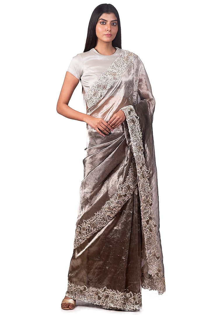 Grey Embroidered Saree Set by Dev R Nil