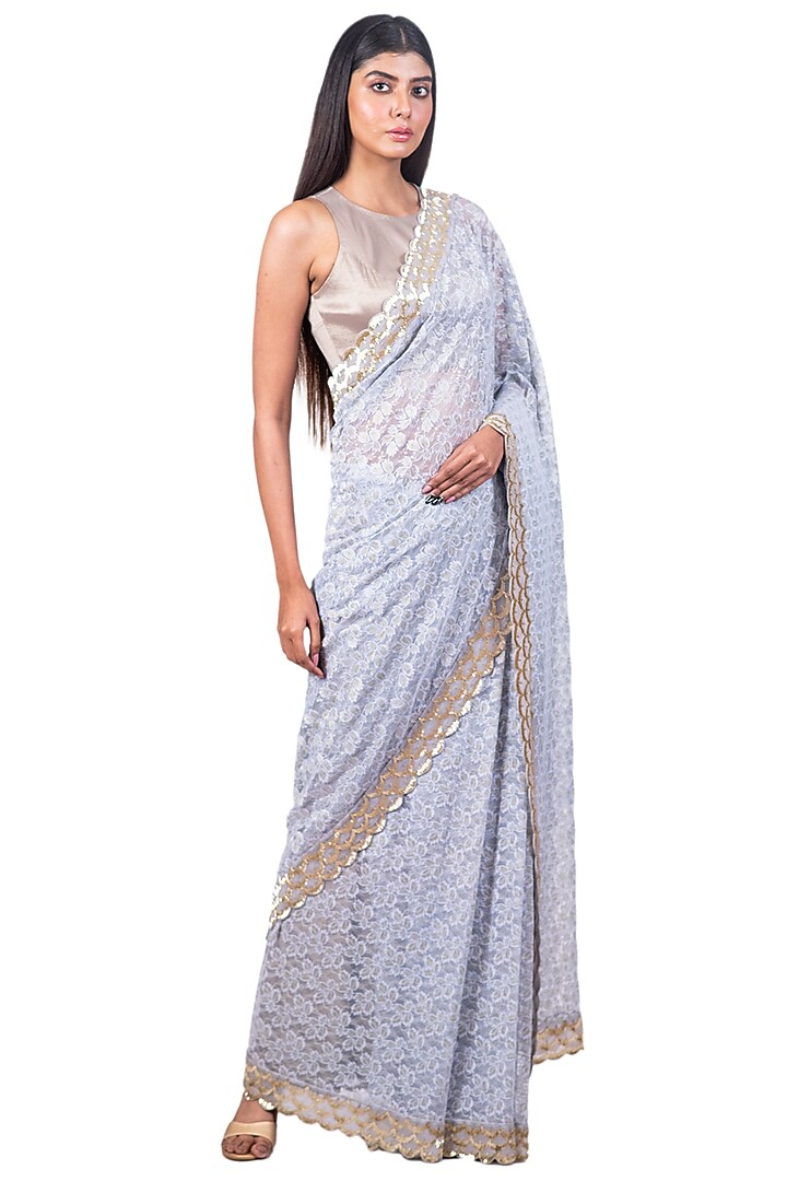 Light Blue Embroidered Saree Set by Dev R Nil