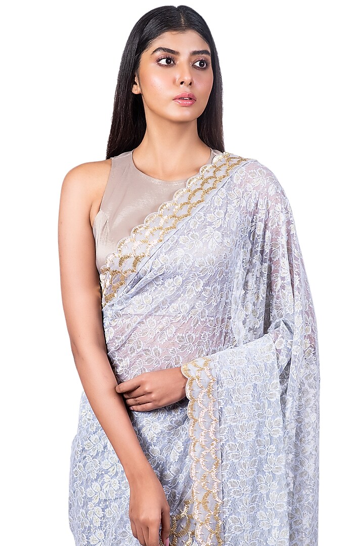 Light Blue Embroidered Reception Saree Set by Dev R Nil at Pernia's Pop Up Shop