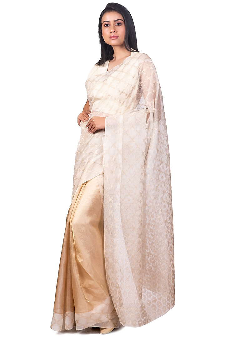 Off-White & Gold Embroidered Saree Set by Dev R Nil