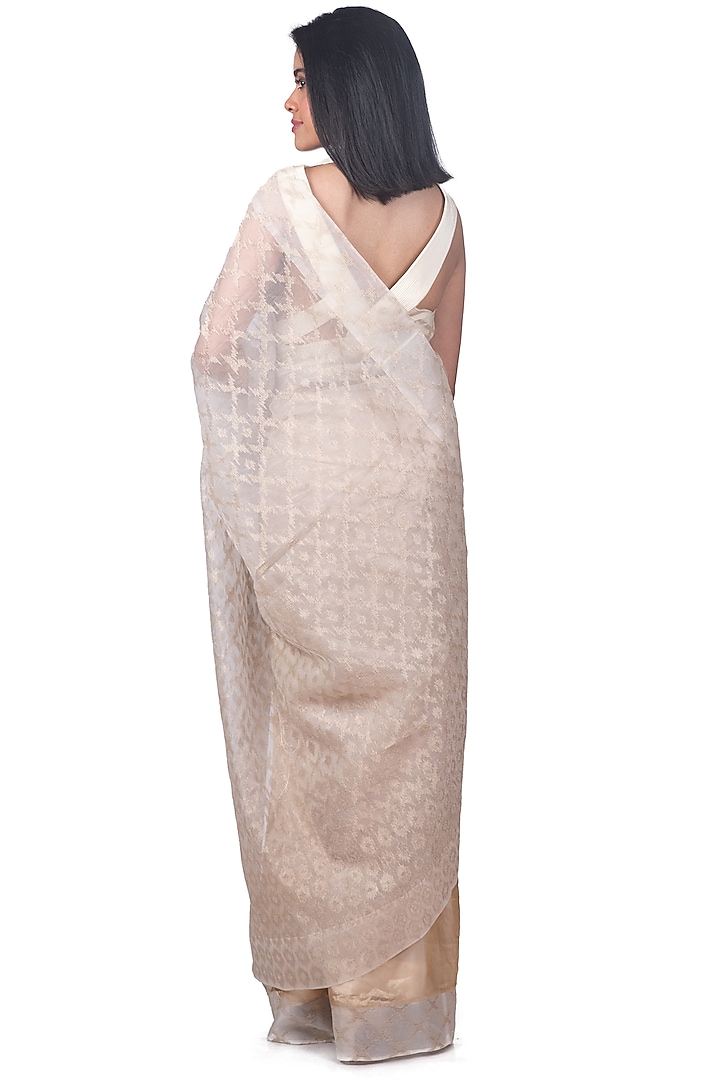 Off-White & Gold Embroidered Reception Saree Set by Dev R Nil at Pernia's Pop Up Shop