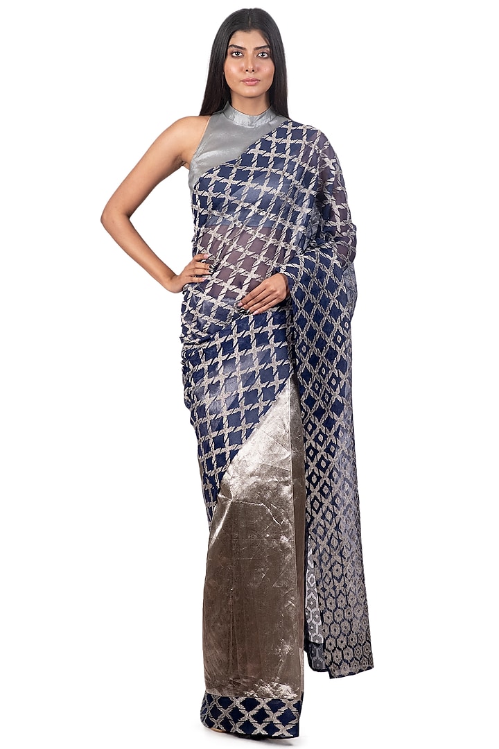 Grey & Navy Blue Embroidered Saree Set by Dev R Nil