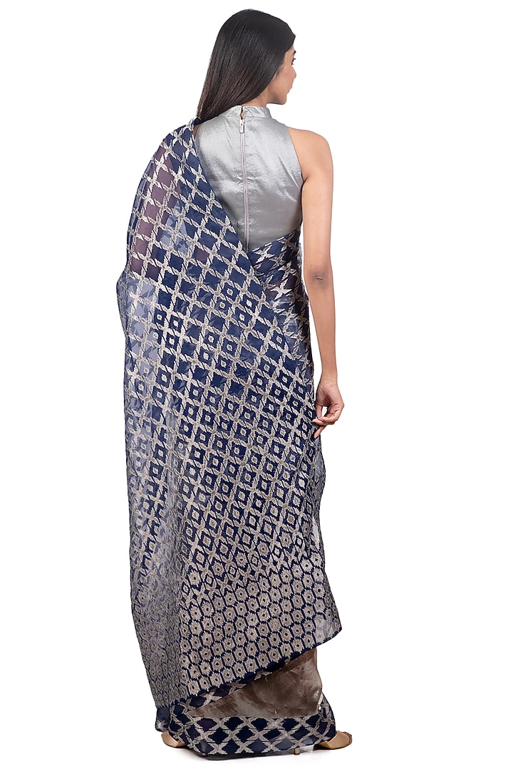Grey & Navy Blue Embroidered Reception Saree Set by Dev R Nil at Pernia's Pop Up Shop