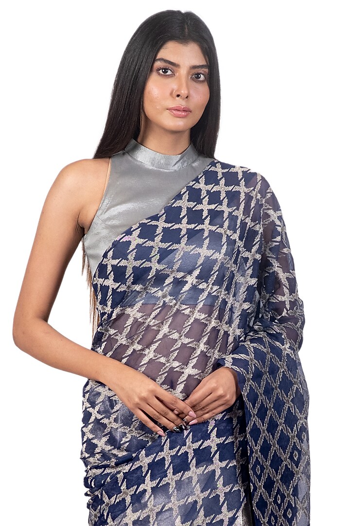 Grey & Navy Blue Embroidered Reception Saree Set by Dev R Nil at Pernia's Pop Up Shop