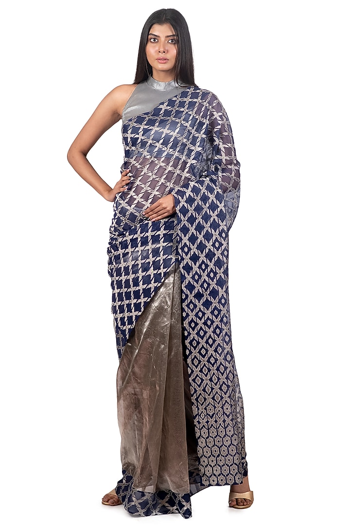 Grey & Navy Blue Embroidered Reception Saree Set by Dev R Nil at Pernia's Pop Up Shop