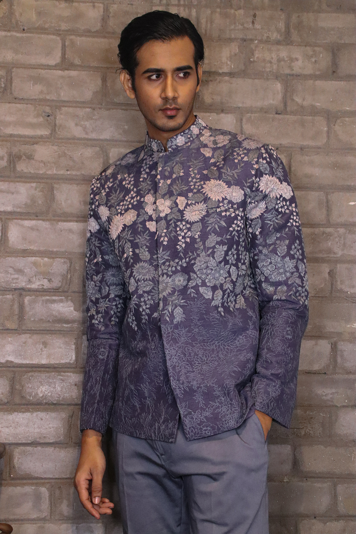 Grey Dupion Silk Thread Embroidered Shaded Bandhgala Jacket by Dev R Nil Men