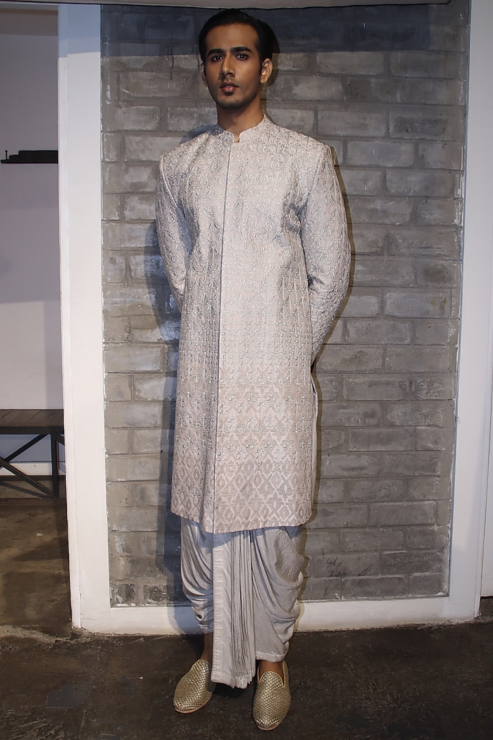 Grey Dupion Silk Thread Embroidered Groom Sherwani  by Dev R Nil Men at Pernia's Pop Up Shop