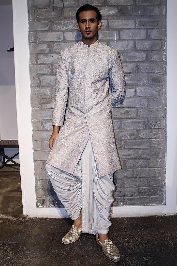Grey Dupion Silk Thread Embroidered Groom Sherwani  by Dev R Nil Men at Pernia's Pop Up Shop